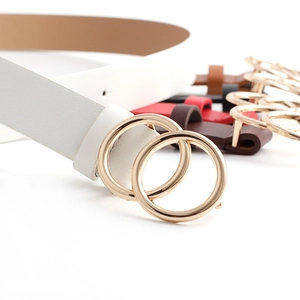 Women's minimalist white leather belt featuring a classic golden double ring buckle