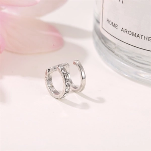 Silver double-layer ear cuff with sparkling zircons and smooth polished metal finish