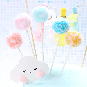 Cute rainbow cloud and colorful pom pom cake toppers set for birthday party decoration