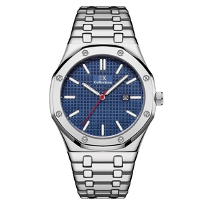 Men's quartz watch with blue checkered dial and octagonal silver steel case