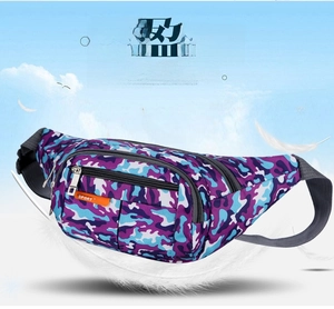 Detail of blue camo sports waist bag with triple zipper pockets and nylon material