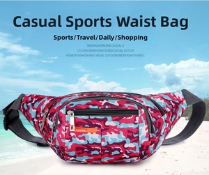 Waterproof camouflage fanny pack with adjustable strap on a bright beach background