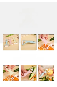 Detailed set of three colorful Y-shaped ceramic peelers on a wooden cutting board
