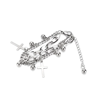 Silver stainless steel double layer bracelet with cross charms and round metal beads