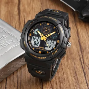 Men's outdoor sports watch with dual display and gold-tone dial on black rubber strap