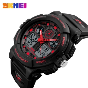 Waterproof sports watch for men with dual time display and black red resin band