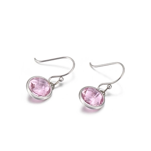 Fashionable titanium steel earrings with round faceted pink gemstone drops in silver hooks