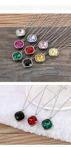 Detail of multi-color square faceted crystal pendant necklaces with silver chains