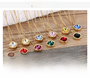 Detail of 13mm square zircon pendant necklace featuring vibrant multi-color crystal options