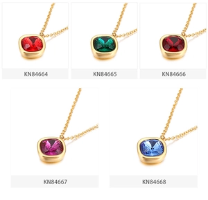 Detail view of 13mm square zircon pendant necklaces in five vibrant colors with gold chains