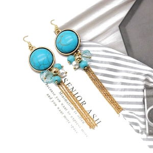 Detail shot of bohemian long tassel earrings with turquoise beads and golden chains