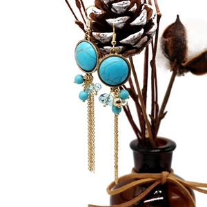 Bohemian turquoise tassel earrings with long gold metal chains and blue crystal beads