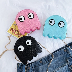 Glittery Pac-Man ghost crossbody bags in pink blue and black with gold chains