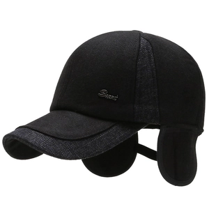Men's winter wool felt baseball cap with ear flaps and Sport metal badge in black