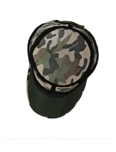 Detail view showing jungle camouflage military cap interior with reinforced black stitching
