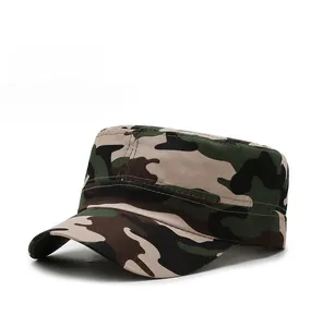 Macro detail of jungle camouflage pattern and reinforced stitching on flat top military hat