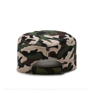 Detail of military camo flat top cap showing adjustable velcro strap and canvas texture