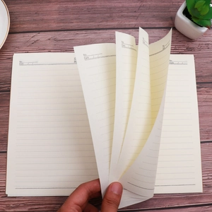 Detail of horizontal lined inner pages in a vintage kraft notebook with date section