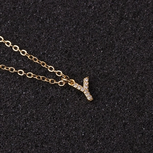 Macro shot of gold necklace featuring zircon-inlaid letter Y pendant on black background