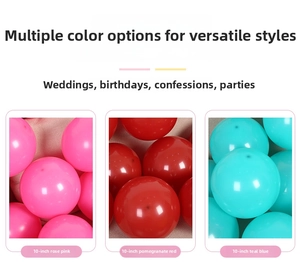 Detail view of 10 inch latex balloons in rose red, pomegranate red and tiffany blue