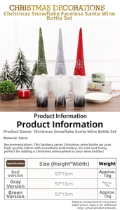 Detailed view of gnome wine bottle covers in red, grey, and green with snowflake embroidery
