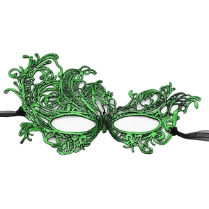 Elegant green lace masquerade mask with intricate cut-out patterns and black ribbons