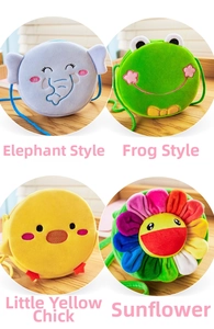 Four plush animal and sunflower crossbody bags for kids shown on light wooden background