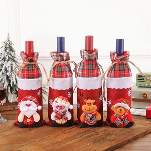 Christmas Wine Bottle Cover Burlap Plaid Santa Snowman Reindeer Bear Doll Decorative Bag For Holiday Party Dinner Table