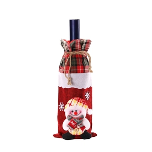 Christmas Santa wine bottle cover with plaid design and 3D snowman festive decoration