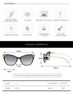 Size guide for cat eye sunglasses with metal frame showing dimensions and 29g weight info