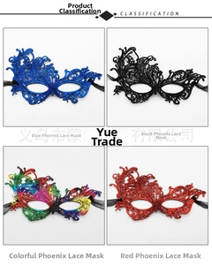 Detail view of lace masks in blue, black, multicolor, and red with phoenix patterns