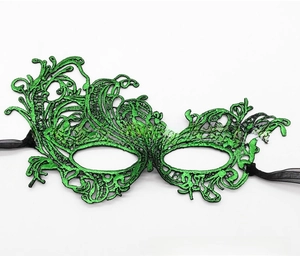 Close-up of green lace masquerade mask with intricate hollow patterns and silk ties