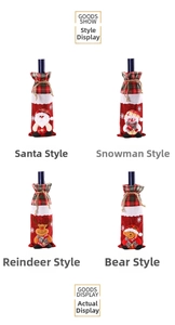 Detailed view of four Christmas wine bottle covers featuring Santa, Snowman and Reindeer