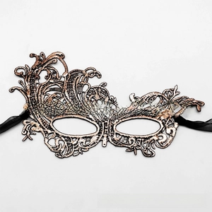 Detailed close-up of champagne gold lace embroidery mask with black satin ribbons