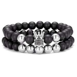 Crown bracelet set with black matte beads and micro-pave silver crown zircon jewelry