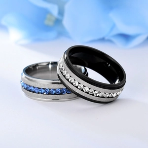 Titanium steel rhinestone rings for couples in silver and black with blue accent