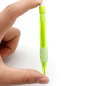 Mini 0.7mm fluorescent green mechanical pencil in transparent plastic held by hand