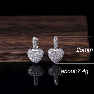 Elegant heart-shaped drop earrings with micro-pave white cubic zirconia in S925 silver