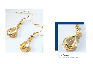 Close-up of water drop crystal earrings with intricate hollow floral gold base detail