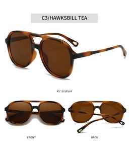 Detail view of tortoiseshell aviator sunglasses with tea lenses from multiple angles
