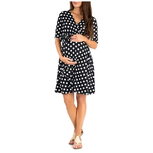 Summer black maternity dress with white polka dots featuring a V-neck and short sleeves