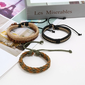 Three-piece retro woven leather and hemp rope bracelet set with wooden beads accents