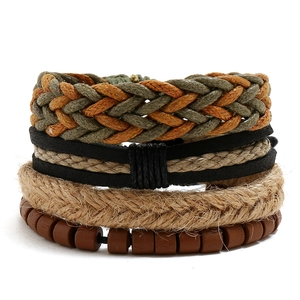 Vintage Braided Cowhide Leather Hemp Rope Wood Bead Multilayer Bracelets Bohemian Ethnic Style Jewelry For Unisex