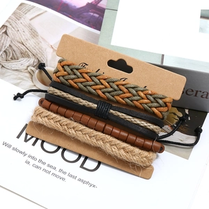 Detail of four-piece set of woven leather bracelets with wooden beads on display card