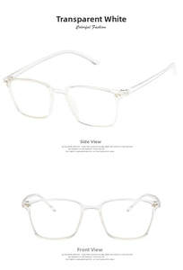 Detailed front and side views of transparent white square full-frame glasses