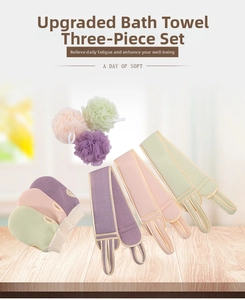 Three-piece bath set with back scrubber, loofah sponge, and exfoliating glove in soft tones