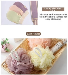Detailed view of colorful exfoliating bath mitts and soft mesh sponges in macaron tones