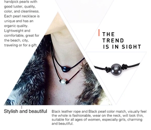 Detail of handcrafted black shell pearl necklace with genuine knotted leather cord