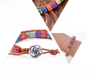 Detail of 7 Chakra Imperial stone bracelet with leather wrap and silver rose clasp