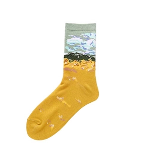 Detailed macro view of Van Gogh style oil painting pattern on golden crew sock